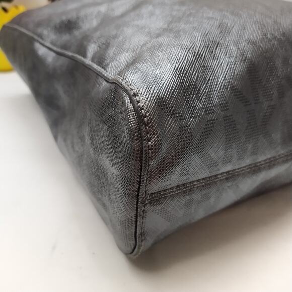 Michael Kors Jet Set Gray Leather MK Printed Double Handles Tote Shoulder Bag - Picture 8 of 16